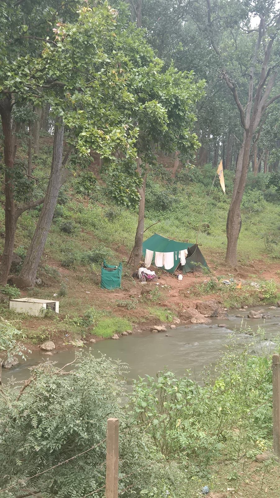 A green tent with white laundry hung out between the trees, on a slope beside a flowing river